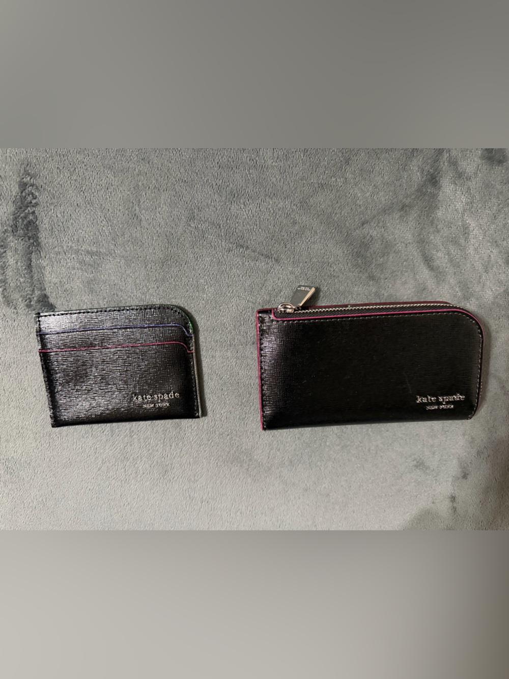 kate spade Black Leather Zip Wallet and Card Holder with Pink Trim